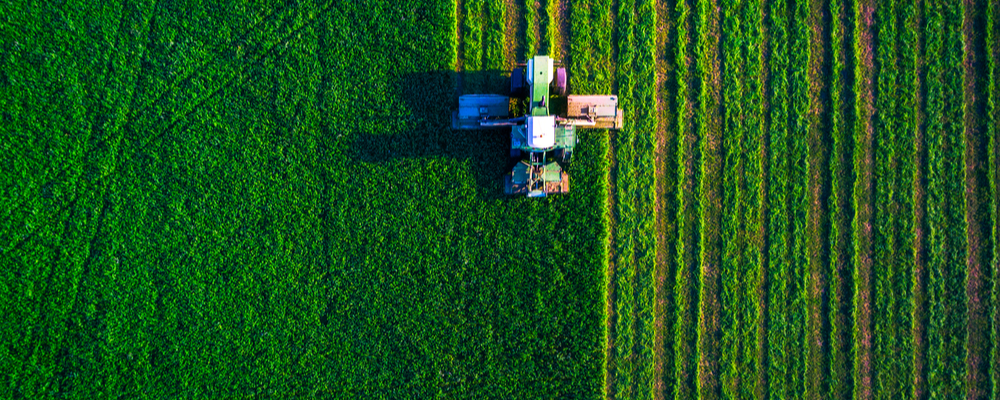 Tractor mowing green field, aerial view